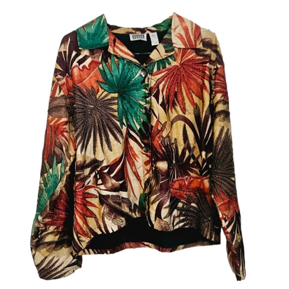 Chico's Design 100% Silk Tropical Embroidered Beaded Jacket Shirt Blazer L/12